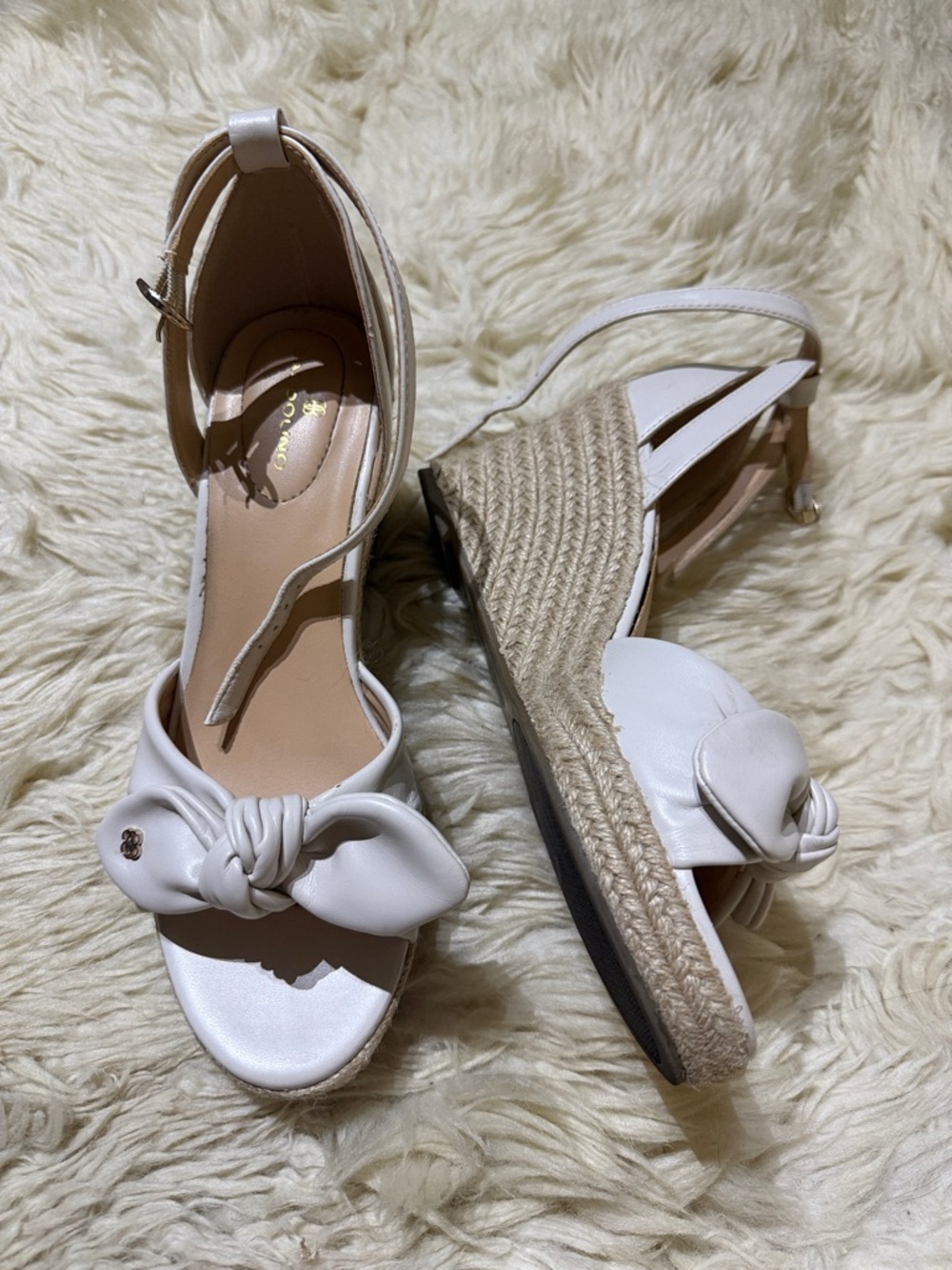 Bandolino White Knot-Front Ankle-Strap Wedge Sandals